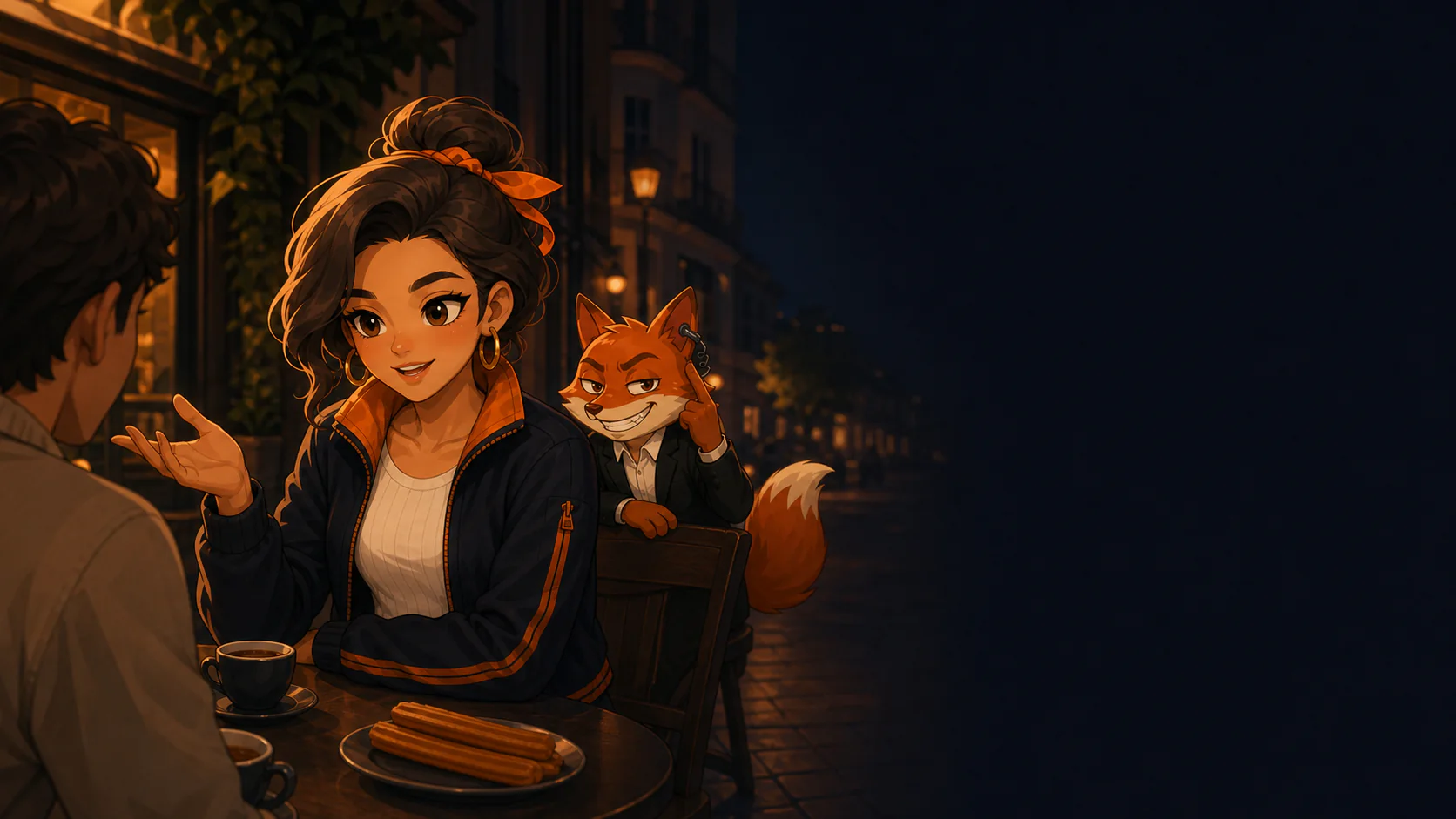 Mia parle espagnol à la terrasse d'un café, avec Leo dans son oreillette
