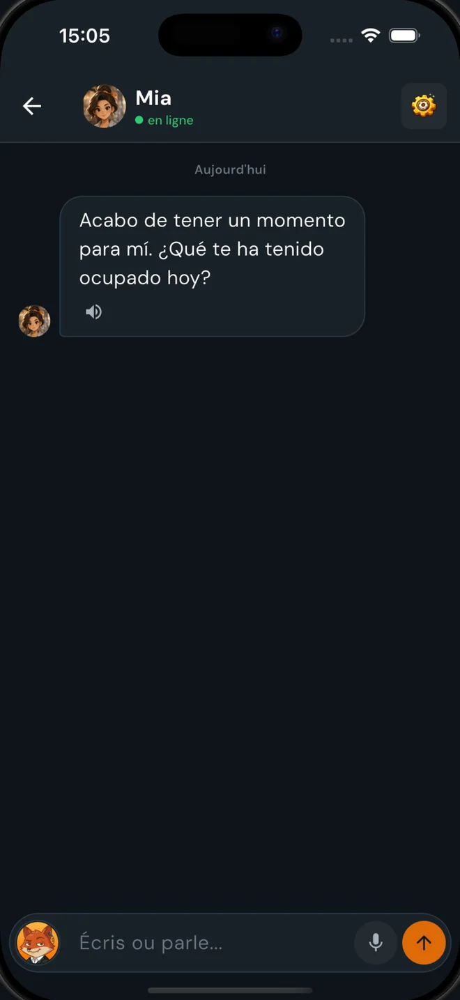 Discussion en espagnol avec Mia dans Roleo, avec la correction de Leo repliée
